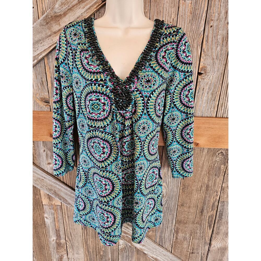 Rafaella size small beaded collar bright blue geometric tunic top EUC Career ^*